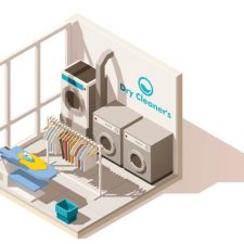 Vector isometric low poly commercial laundry cutaway icon. Includes dry cleaners washing machines, dryer, ironing board